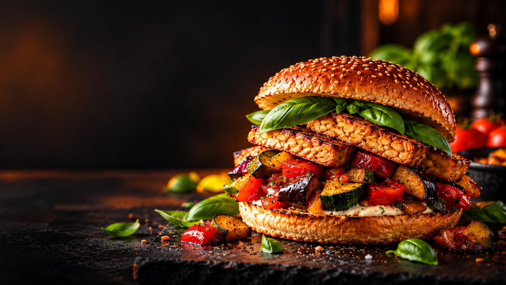 Illustratives Tempeh-Ratatouille-Burger-Motiv aus dem früheren Website-Konzept