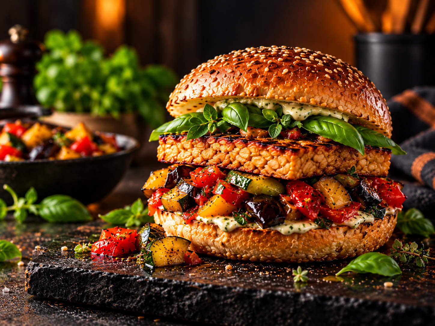 Illustrative Aufnahme eines Tempeh-Ratatouille-Burgers