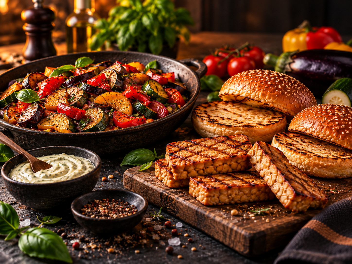 Illustrative Aufnahme von Tempeh, Ratatouille und Burger-Zutaten